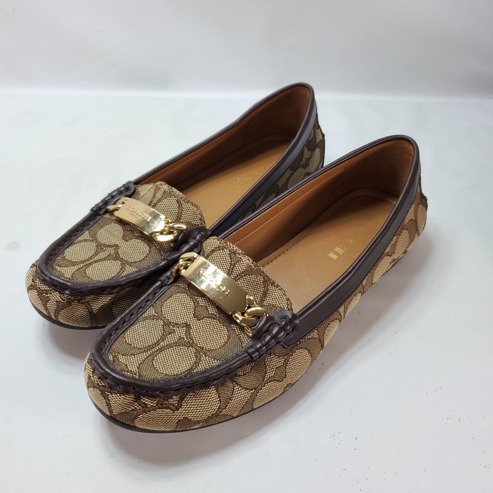 Coach Olive Womens Loafer 7B Brown Gold Signature Monogram Slip On Shoes